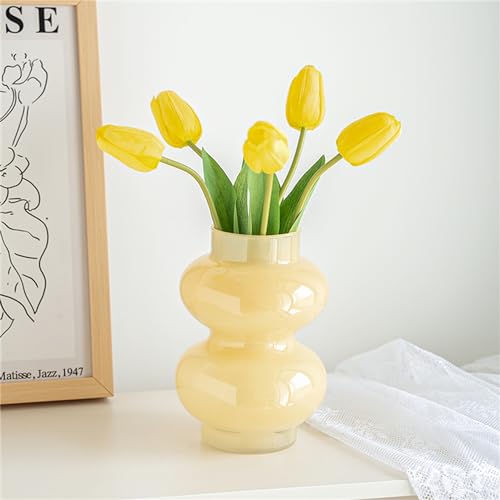 JSPYFITS Glass Hydroponic Flower Vase Double Balls Colored Glass Bubble Vase for Flower 7 Inches Glassvase Funky Vase for Home/Office/Weddings/Party Table Flower Dcor (Milky Yellow)