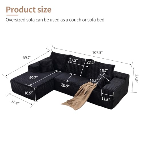 Image of 107.5 inch W Modular Sectional Sofa, Upholstered Corduroy Cloud Couch with Deep Seat, Modern 3-Seater L-Shaped Sofa for Living Room, No Assembly Required (Camel, Left-Facing Chaise)