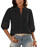 Bsubseach Women Button Down Shirt 3/4 Puff Sleeve Dressy Casual Blouse Cotton Eyelet Boho Mandarin Collar Tops Black M