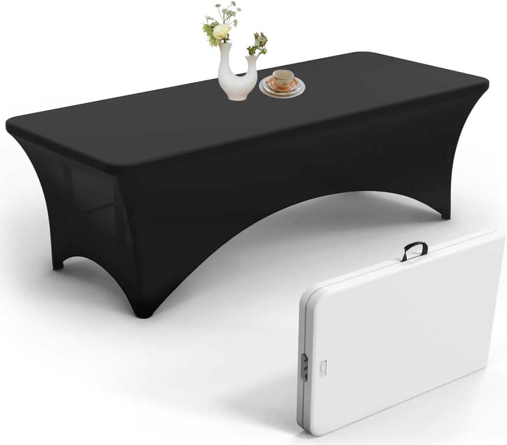 UrbyElastic Table Clothes For 8 Foot Rectangle Tables Fits 8ft Folding Tables From Lifetime, COSCO, Mainstays and Others. Heavy-duty Stretchy Wrinkle Resistant Spandex. Black.
