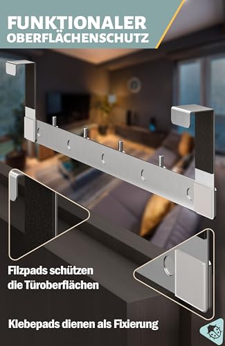 Menz Türgarderobe zum Einhängen - Edelstahl Tür-Garderobe mit Türhaken in klassischer Ausführung, stabile Türhakenleiste zum Einhängen, funktionale Kleiderhaken Tür