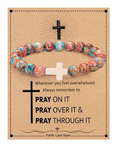 Image of Cross Bracelets for Women, Christian Gifts for Women Stocking Stuffers for Teens Cross Bracelet Imperial Nature Stone Bead Bracelet Confirmation Baptism Gift for Teen Girls Christmas Religious Gift Cathlic Faith Jewelry