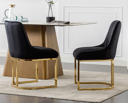 EALSON Velvet Upholstered Dining Chairs Set of 2 Modern Accent Dining Room Chairs with Gold Metal Base Comfy Padded Kitchen Chairs Armless Side Chairs for Kitchen Dining Room, Black - Thumbnail 5