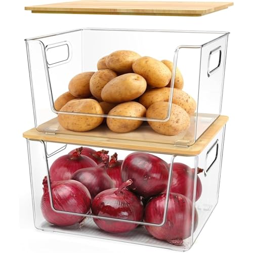 Masroo 2 Set Pantry Organizer Storage Stackable Kitchen Laundry Organizers for Onion Potato Fruit Produce Vegetable Clear