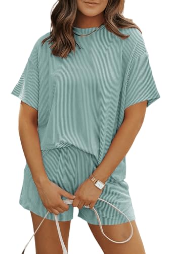 Image of Womens Pajama Sets 2 Piece Pjs Sleepwear Soft Comfy Short Sleeve Tops and Shorts Lounge Set Loungewear Outfit