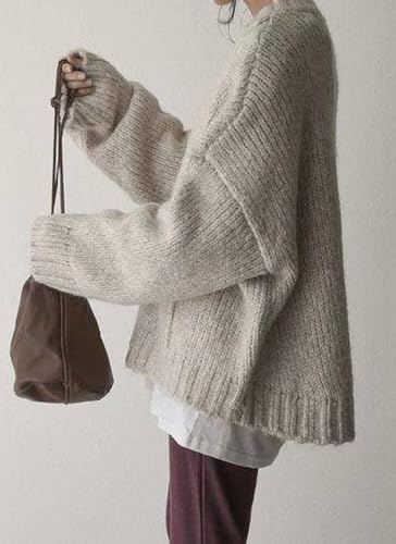 LOZ Sweaters for Women Oversized Causal Knit Pullover Fall Winter Clothes Long Sleeve Crewneck Ivory Pocket Front Sweater2