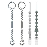 Babygoal Silicone Pacifier Clips 4 Pack,2pcs Pacifier Holder Clip with 2pcs Toy Strap Chain for Baby Boy Girl Fits All Pacifier,Binky,Teething Toys,Highchairs,Car Seat,Strollers-Neutral Color