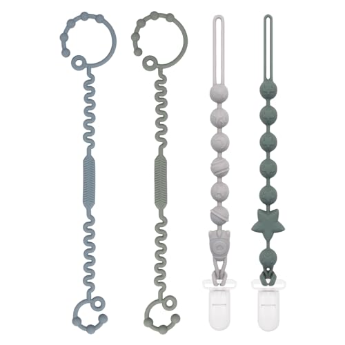 Image of Babygoal Silicone Pacifier Clips 4 Pack,2pcs Pacifier Holder Clip with 2pcs Strap Chain for Baby Boy Girl Fits All Pacifier,Binky,Teething Toys,Highchairs,Car Seat,Strollers-Neutral Color