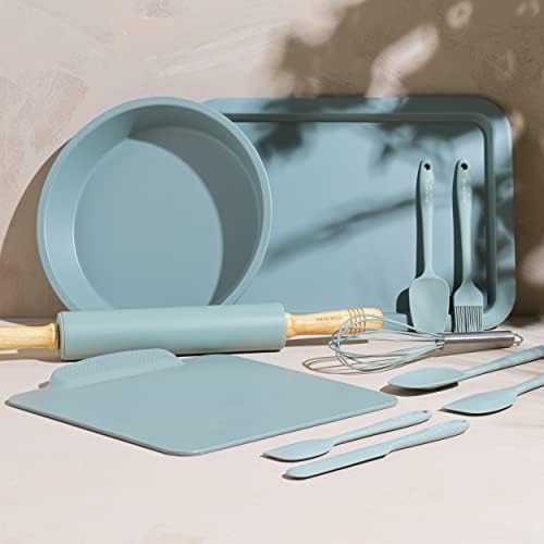 Progress COMBO-8310 Baking Sheet & Rolling Pin Set, Non-Stick Reusable Oven Tray, Silicone Dough Roller with Wood Handles, PFOA-Free, for Cookies, Biscuits, Pastry, Icing, Go Bake Collection, Teal