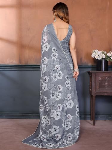 Image of Satrani Women's Georgette Floral Printed Saree with Unstitched Blouse Piece