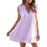 Pickelect California Romper Dress with Shorts Underneath, Women's Summer V-Neck Lace Dress with Ruffle Sleeves