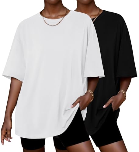 Ekouaer 2 Pack Womens Tops Short Sleeve Oversized T Shirts Summer Spring Tops 2025 Basic Casual Tee Top S-XXL