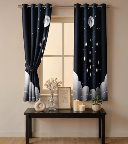 Image of Ultimate Trends Festival Themed Light Filtering Polyester Curtain Lanterns & Crescent Moon Print | Ideal for Festivals, Living Room Dcor | Eyelets|, 8 FEET (Pack of 1)