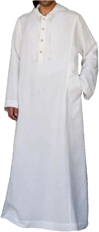 Mens Muslim Robes Saudi Arabia Juba Casual Solid Color Long Sleeve Hooded Buttons Pocket Robe