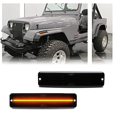 GSOWO 2 PCS Amber LED Side Marker Light for Jeep Wrangler YJ 1987-1995, Smoked Lens Front Turn Signal Indicator, Left/Right Side Fender Sidemarker Lamps Cover