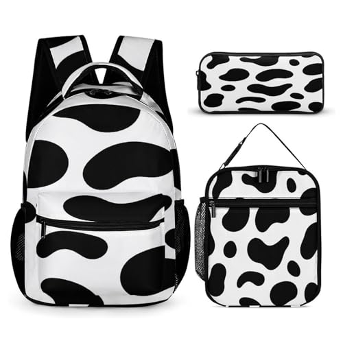 3Pcs Backpack Sets Cow Pattern Print Travel Daypack 3 in 1 Lightweight Backpack Set with Lunch Bag And Cosmetic Bag