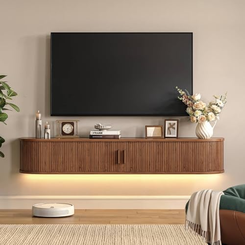 63 Floating TV Stand with Power Outlet for TVs up to 75 Fluted Entertainment Center with Remote Control for LED Lights Mid-Century Modern TV Console w/Sliding Door for Living Room Bedroom Walnut