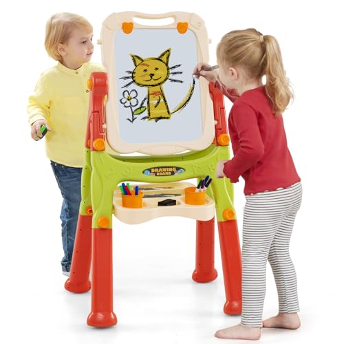 GOPLUS Tableau Enfant Double Face Blanc/Noir, Chevalet Enfant avec Tableau de Peinture Rotatif, Plateau de Rangement, Réglable en Hauteur, pour Enfants 3+ Ans (Orange)