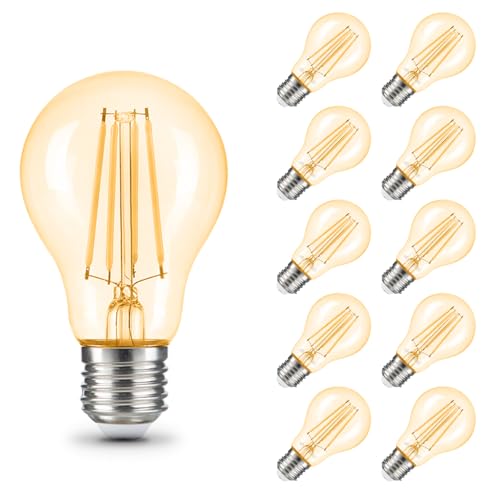 Lot de 10 ampoules LED Edison E27 vintage blanc chaud (2300 K), verre doré et filament, 806 lumens 7 W (= 60 W), ampoule LED rétro, économie d'énergie, idéales pour le salon, la chambre à