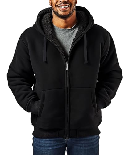 Butygity Sweat à Capuche doublé Sherpa pour Homme avec Fermeture éclair intégrale, Veste Polaire épaisse pour l'hiver, Noir, Small