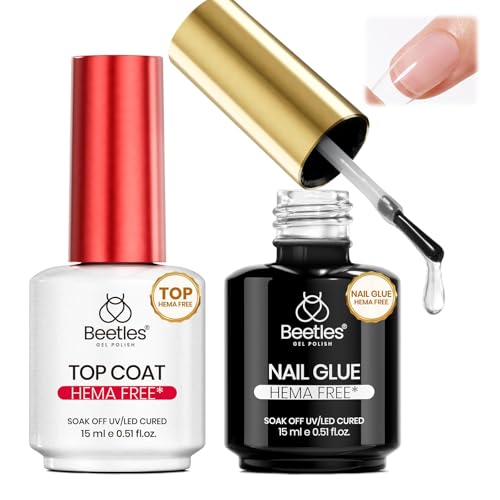 Beetles HEMA-Free Nail Glue & No-Wipe Top Coat Set 2Pcs 15ml TPO-Free Strong Hold for Press-On Nails & Nail Tips Easy Soak-Off Mirror-Shine Beginner-Friendly & Gentle for Sensitive Nails