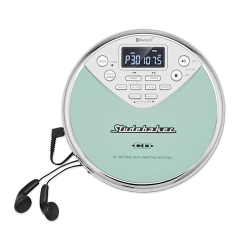 Studebaker SB3706 Personal Bluetooth MP3 CD Player w/Digital FM Radio, FM Transmitter and Built-in Rechargeable Battery (Mint & White)