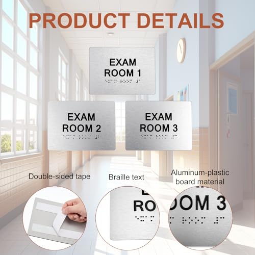 Tactile Exam Room Number Sign 1-3 with Braille - 5\" x 7\" ADA Compliant Exam Room Door Plaque, Office Classroom Number Signs, Educational Institution Directional Sign, Test Center Identification - Thumbnail 3