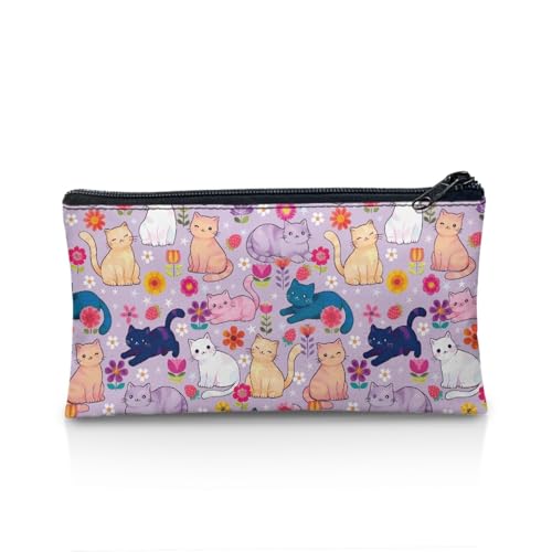 Image of Cat Flower Pencil Case for School Purple Pen Holder for Toddler Kindergarten Wear Resistant Pencil Pouch with Zipper Closure Girls Kawaii Pen Organizer