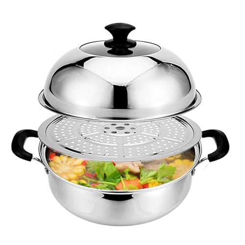 Olla de vapor de acero inoxidable, utensilios de cocina de 2 niveles con tapa para mariscos, pescado, verduras, albóndigas y sopa, 28 cm
