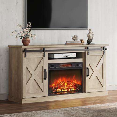 WLIVE Farmhouse Electric Fireplace TV Stand Grey Oak