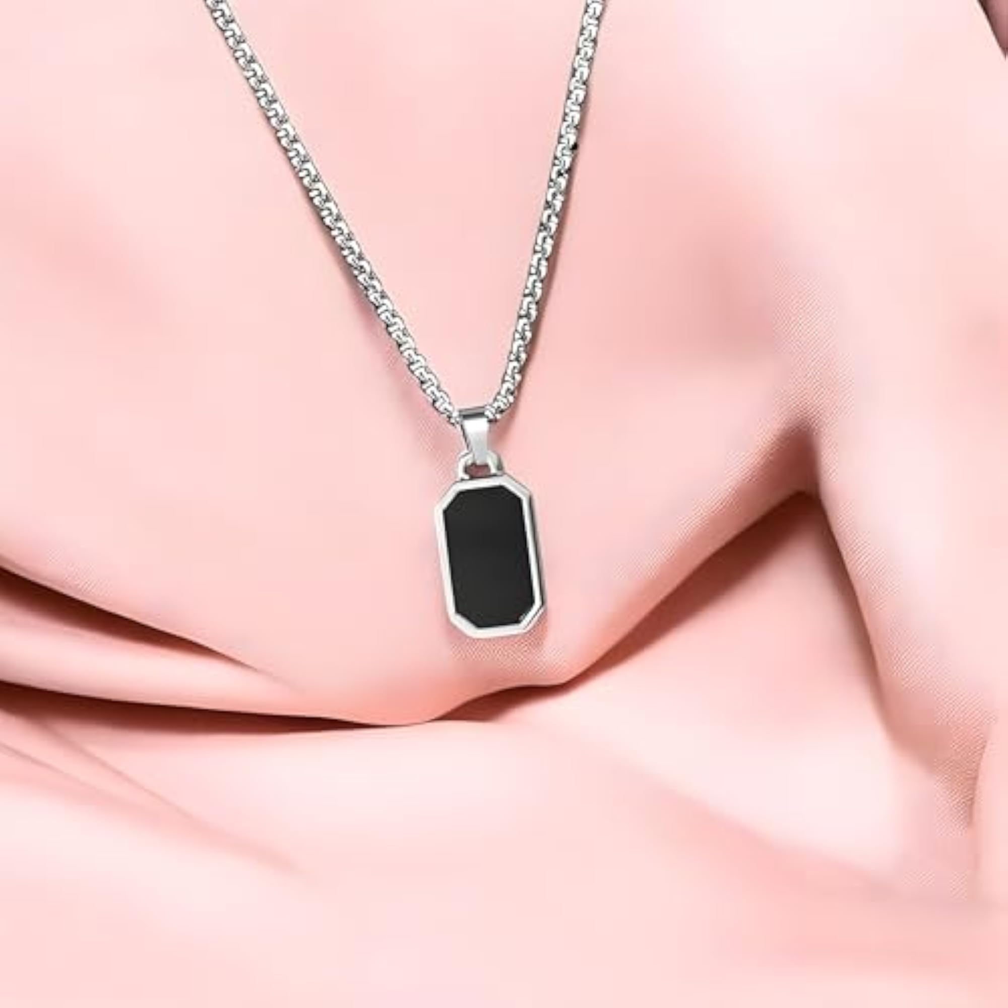 Men's Black Silver Geometric Chain Necklace with Locket