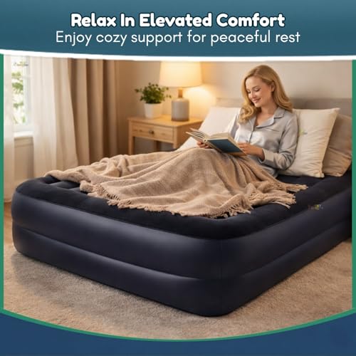 Image of Toy Imagine 6.66 ft Inflatable Air Bed Dura-Beam Plus Pillow Rest Queen Air Mattress with Built-in Electric Pump Fiber-Tech Raised Airbed 203 x 152 x 42 cm Comfortable Guest Bed for Home Travel