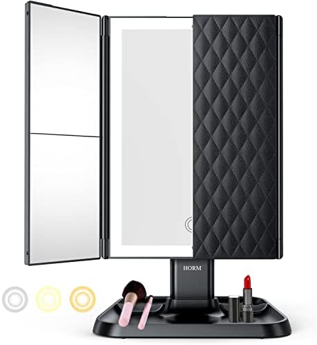 Makeup Mirror Vanity Mirror with Lights - 3 Color Lighting Modes 72 LED Trifold Mirror, Touch Control Design, 1x/2x/3x Magnification, Portable High Definition Cosmetic Lighted Up Mirror (Black)