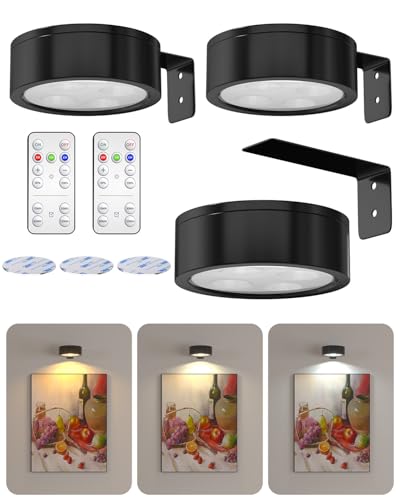 Lustaled Wireless Battery Operated Picture Lights for Wall, Magnetic LED Light with Remote, Timer, Dimmable 3-Color Stick on Lights for Cabinet, Art Display, Dartboard Light (3-Pack, Need Battery)