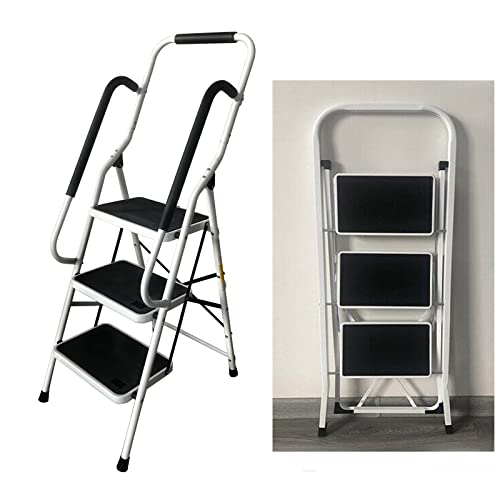 Scaletta pieghevole a 3 gradini, gradini pieghevoli in acciaio con corrimano, scaletta domestica antiscivolo, scala stabile, scala pieghevole, sgabello pieghevole per casa e cucina, portata fino a 150
