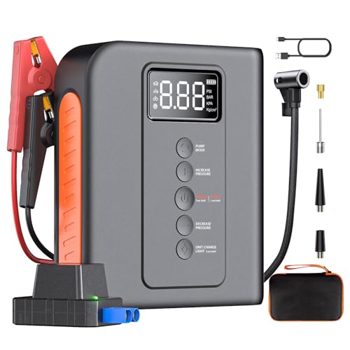 Arrancador de batería de 2000 A para coche, paquete de energía portátil de 10000 mAh con compresor de aire de 150 PSI, carga USB, luz LED, para todos los motores de gas y diésel de hasta 8 L