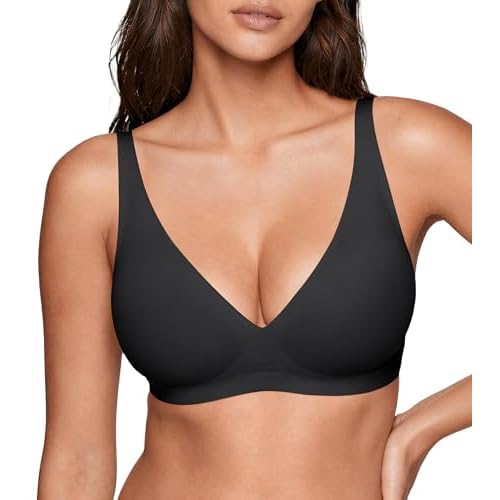 Women‘s Wireless Jelly Plunge Bra – Deep V Seamless No Underwire Comfortable T-Shirt Bralettes Black X-Small