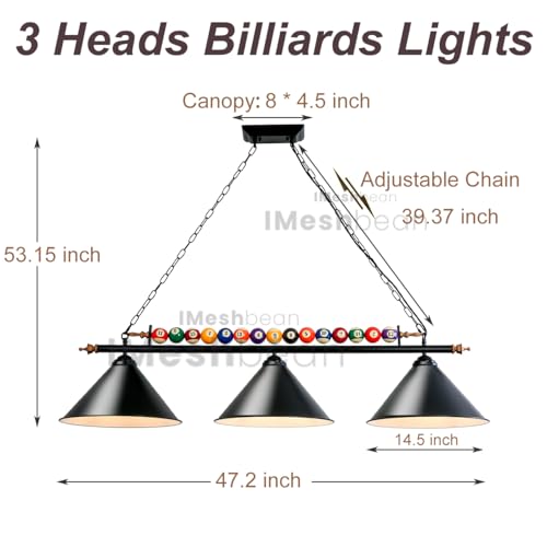 iMeshbean 47" Pool Table Light,3-Light Pool Table Lights Hanging Over Pool Table for 7'-8' Billiard Table,Matte Black Metal Shades with Billiard Ball Decor, for Game Room,Billiards Room,Snooker Table by iMeshbean - Used condition - Image 5