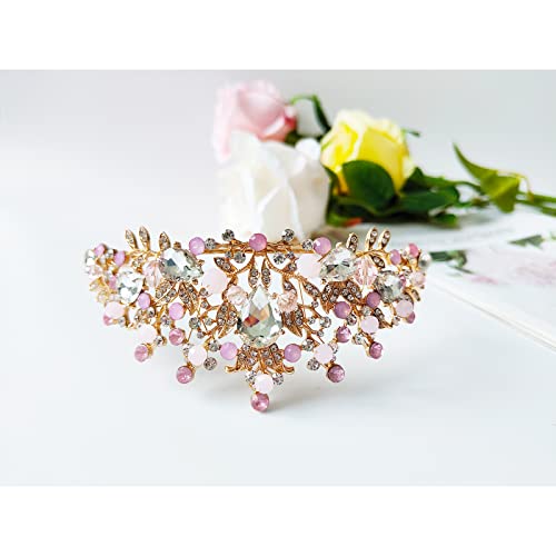 Diadème Princesse, Bandeau de Couronne Strass, Diadème de Couronne Rose, pour les Concours de Beauté, les Mariages, les Fêtes (Rose)