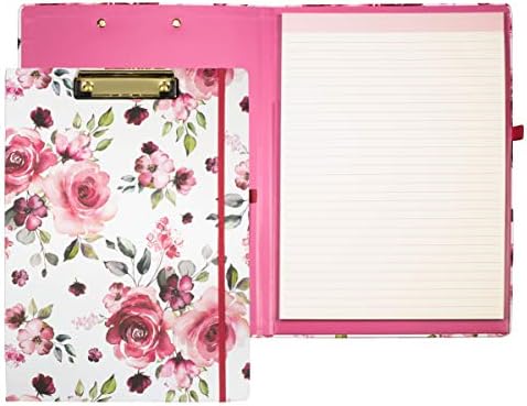 Steel Mill & Co Cute Clipboard Folio with Refillable Lined Notepad and Interior Storage Pocket, Pink Padfolio for Work, Rose Floral