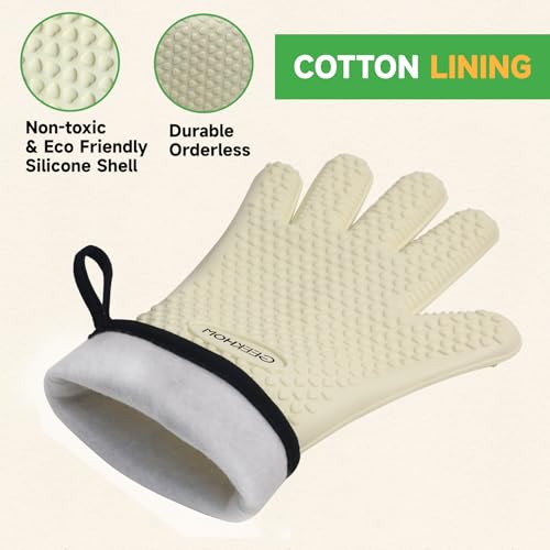 GEEKHOM BBQ Gloves Heat Resistant Oven Mitts - Silicone Grilling Gloves with 13.7" Arm Protection - Waterproof Pot Holder Non-Slip for Men & Women, Kitchen Outdoor Cooking, Baking, Camping, Mint Beige - Image 6