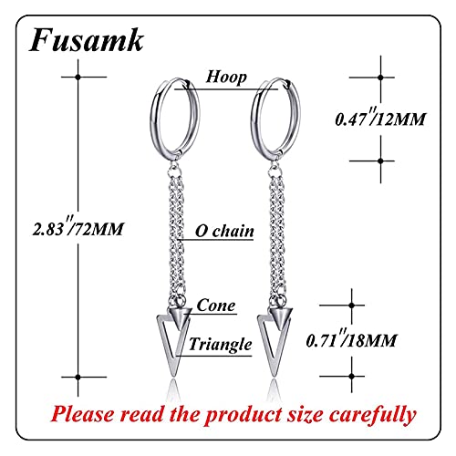 Punk Stainless Steel Tube Circle Hoop Earrings Triangle Tassel Chain Dangle Earrings,2PCS2