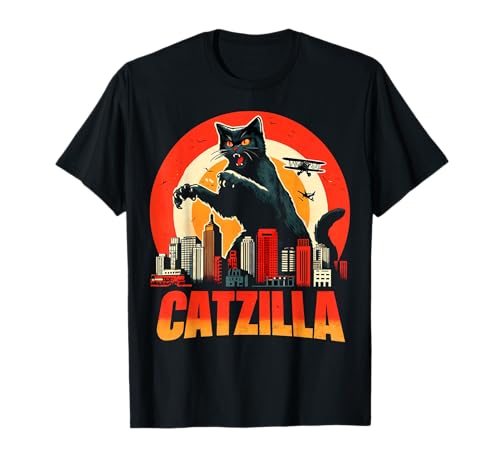 Catzilla Vintage Gato Atacando Ciudad Japonés Puesta Camiseta