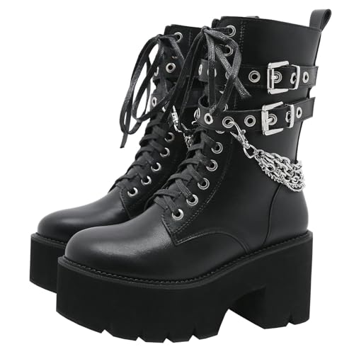 Image of Parisuit Womens Goth Patent Ankle Boots Platform Chunky Combat Boots | Lace Up, Gothic Boots, High Heel, Punk Short Booties, Buckle Boots, Chain Boots