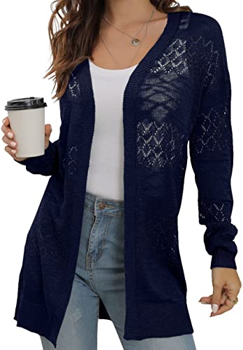 GRECERELLE Summer Cardigans for Women UK Lightweight Lace Hollow Out Knit Soft Long Sleeve Open Front Beach Coverups Ladies Solid Color Sun Protection (Navy Blue, XL)