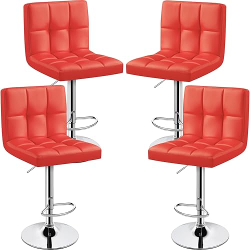 Topeakmart Bar Stools Set of 4 Modern Height Adjustable Bar Chairs of PU Leather Swivel Bar Stools with Backrest and Footrest for Bar Kitchen Living Room and Restaurant Red