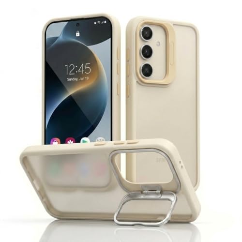 Amazon Basics Frosted Matte Case for Samsung Galaxy S26 5G | Built-in Flip-Out Camera Lens Stand | Translucent Back with Contrast White Bumper | Shockproof Protective Cover with Foldable Kickstand