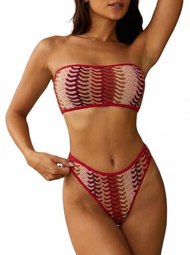 Image of ZAFUL Women Strapless Textured Bandeau Bikini 2 Piece Swimwear Cheeky Solid Lace up Bathing Suits