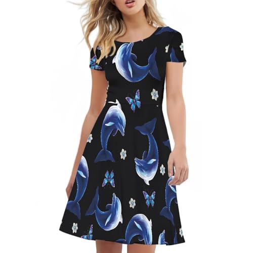 Image of HUGS IDEA Womens Puffy Swing Midi Dress Round Neck Short Sleeve Party A-Line Dresses