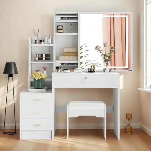 Reviews de Cajonera Con Espejo los 5 más buscados. 49 TRIUMPHKEY Tocador Vanity con Espejo Luz LED Mueble para Maquillaje Vintage con Espejo Movible Escritorio con 4 Cajones y Estantes De Almacenaje para Recamara 80x38x130CM...